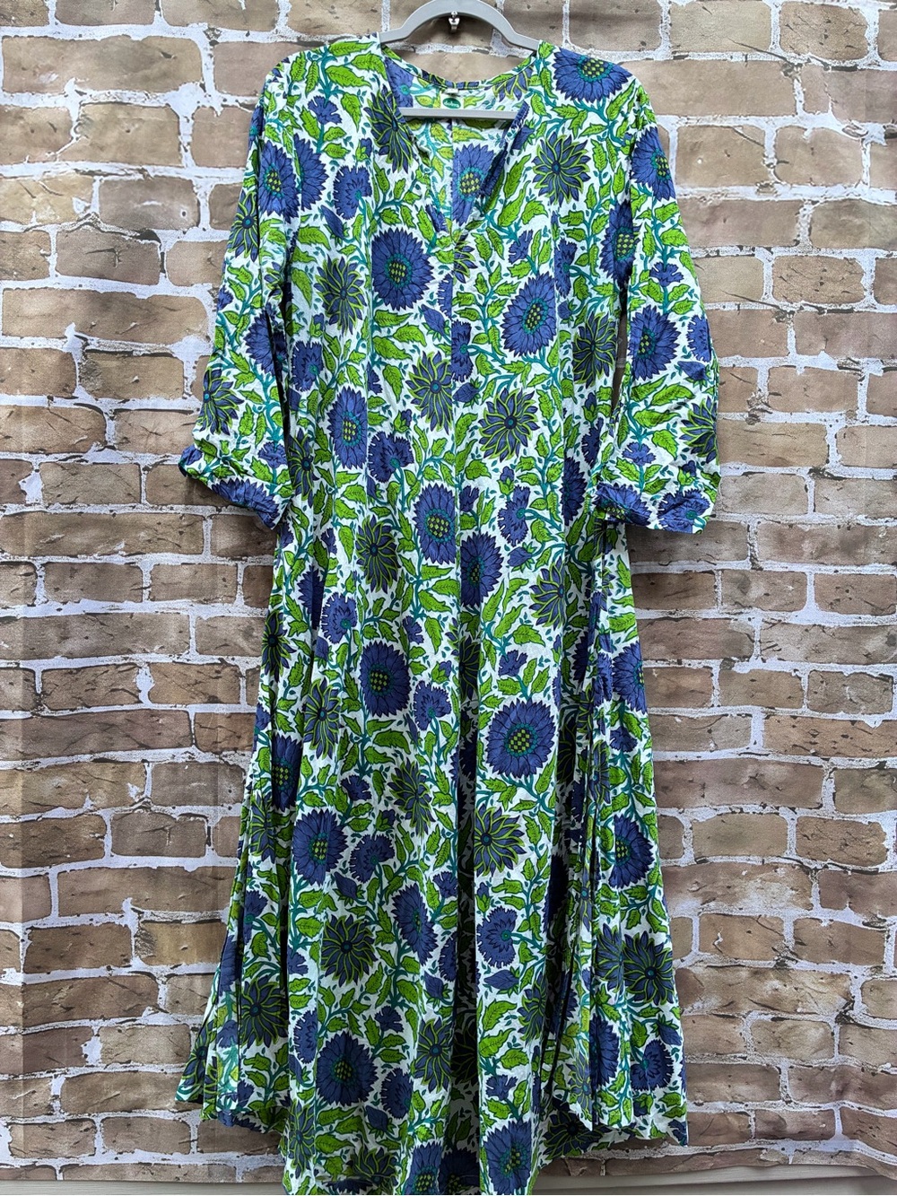 Dolma Size L Hailey green and blue Gerbera daisy floral maxi pocket dress
